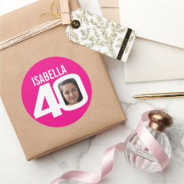 Sticker Rond 40e anniversaire rose blanc personnalisé nom faveu