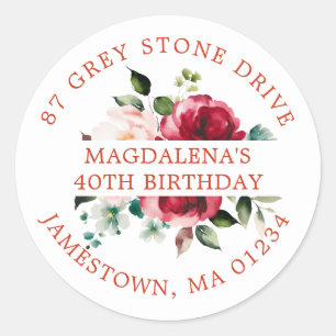 Sticker Rond 40e anniversaire Rose Floral Adresse de retour Lab