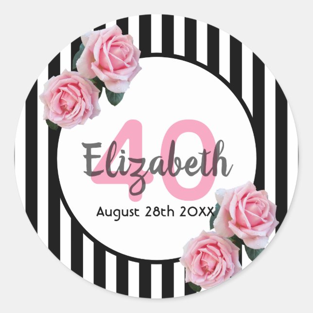 Sticker Rond 40e anniversaire roses roses sur bandes blanches n (Devant)