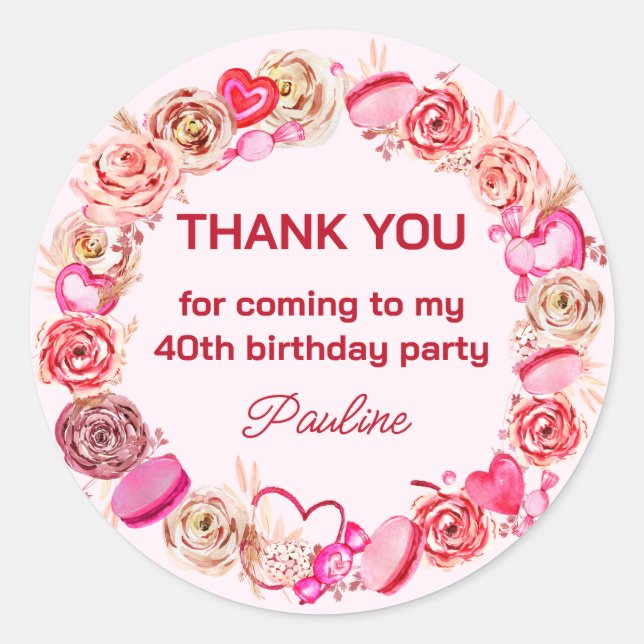 Sticker Rond 40e anniversaire Roses roses Tourbillonnant Coeur (Devant)