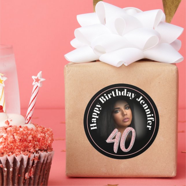 Sticker Rond 40e anniversaire script photo rose rose nom person (Fête)