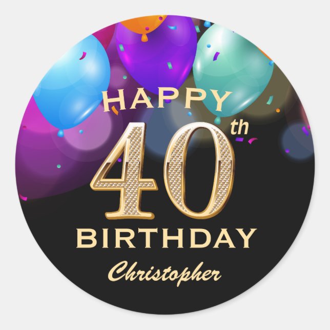 Sticker Rond 40e fête d'anniversaire Ballons noirs et or (Devant)