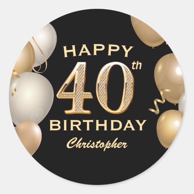 Sticker Rond 40e fête d'anniversaire Ballons noirs et or (Devant)