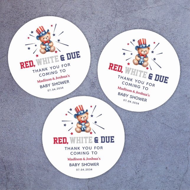 Sticker Rond 4 juillet Baby shower garçon ours Merci (4th Of July Boy Baby Shower Bear Thank You Classic Round Sticker
)