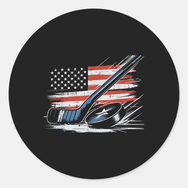 Sticker Rond 4 juillet Bâton De Hockey Sur Glace Puck Us Drapea (Devant)