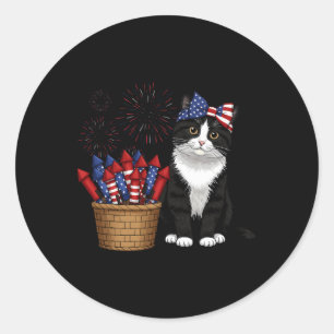 Sticker Rond 4 juillet Conception De Chat Et Feux D'Artifice Po