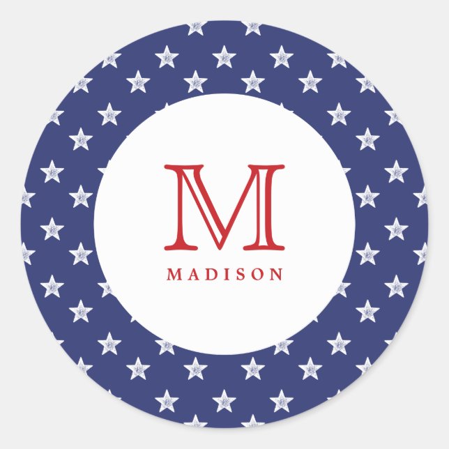 Sticker Rond 4 juillet Étoiles Bleu Rouge Monogramme Partition (Devant)