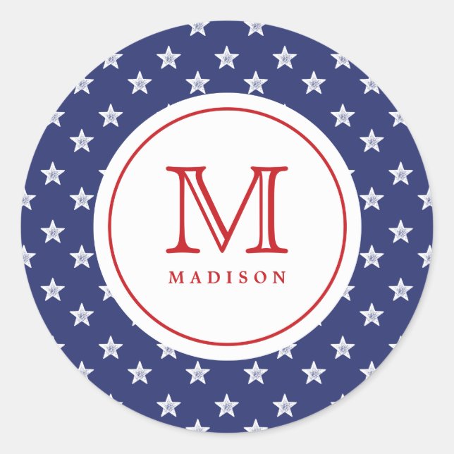 Sticker Rond 4 juillet Étoiles Bleu Rouge Monogramme Partition (Devant)