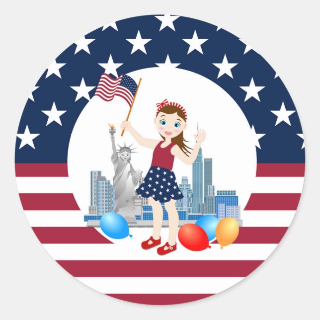 Sticker Rond 4 juillet Fille anniversaire avec drapeau américai (Devant)