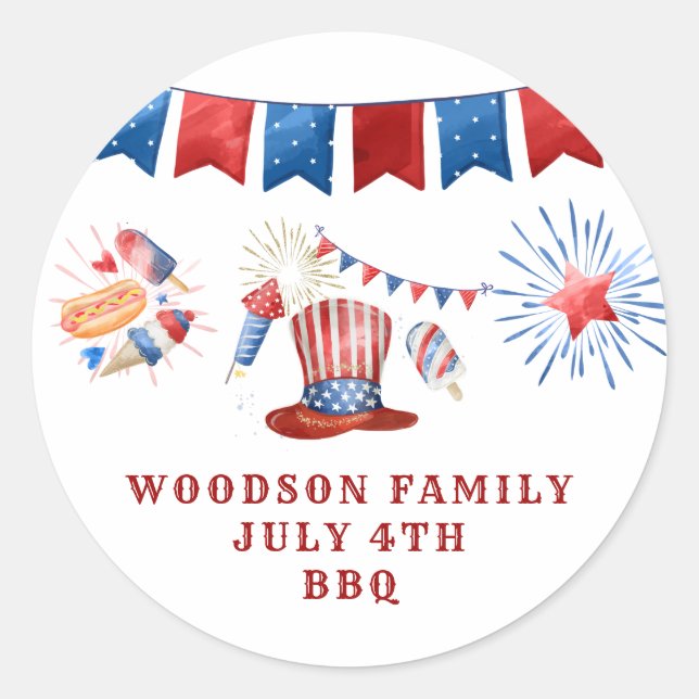 Sticker Rond 4 juillet Nom de famille BBQ (Devant)