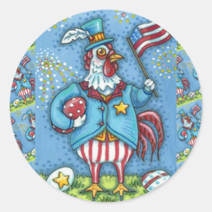 Sticker Rond 4 juillet ROOSTER, FUNNY PATRIOTIC POULET