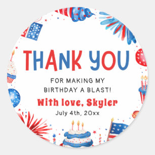 Sticker Rond 4 juillet Rouge Blanc Bleu Anniversaire Merci