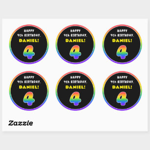 Sticker Rond 4e anniversaire : Arc-en-ciel coloré # 4, Nom pers