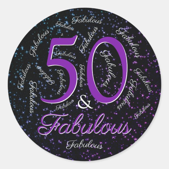 Sticker Rond 50 Et Fabuleux Anniversaire Violet Noir Élégant Gl (Devant)