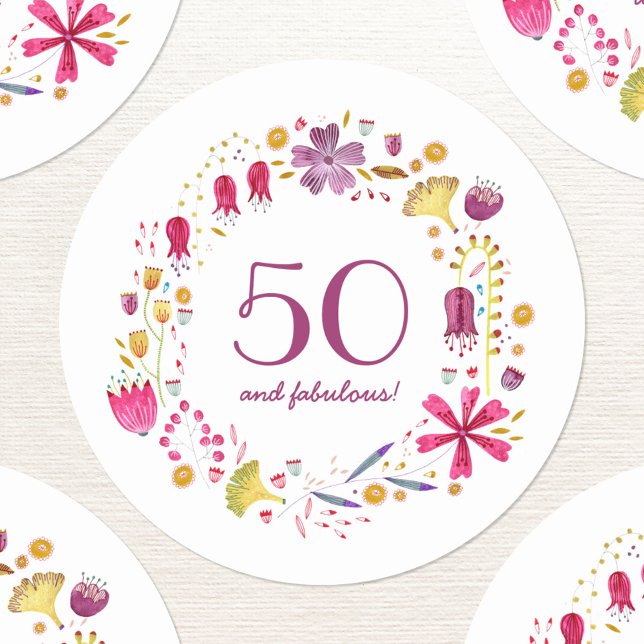 Sticker Rond 50 et Fabulous Aquarelle Floral Wreath (Fifty and Fabulous sticker)