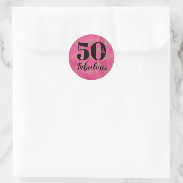 Sticker Rond 50 et Fabulous Pink et Gold fête d'anniversaire (Sac)