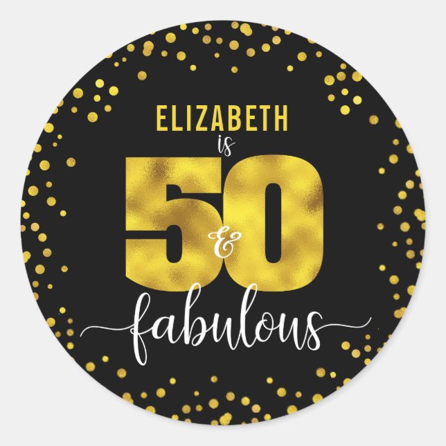 Sticker Rond 50 fabuleux anniversaire noir feuille d'or points  (Devant)