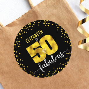 Sticker Rond 50 fabuleux anniversaire noir feuille d'or points 