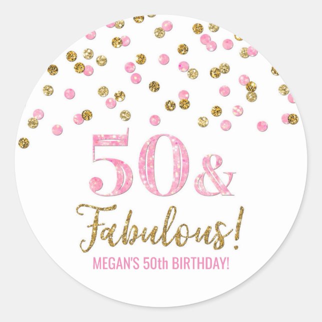 Sticker Rond 50 & Fabuleux Anniversaire Pink Gold Confetti (Devant)