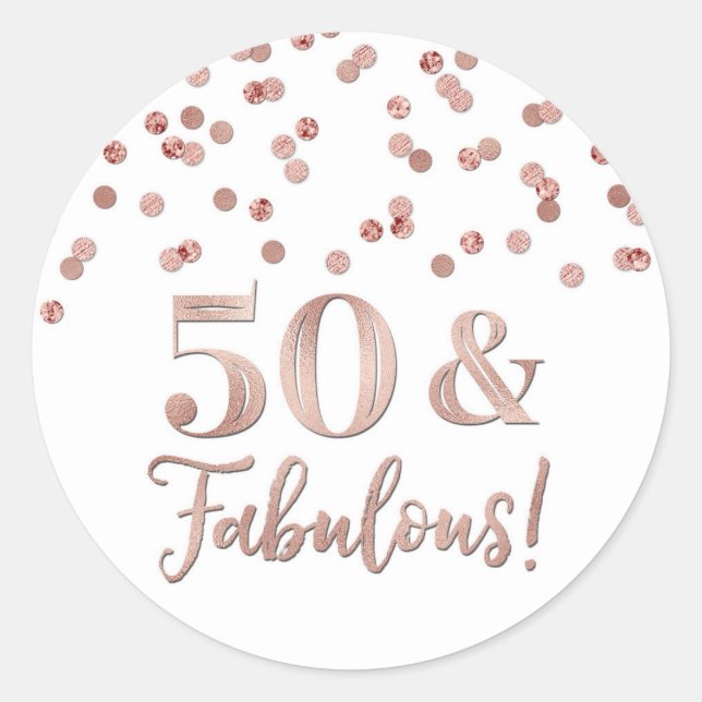 Sticker Rond 50 & Fabuleux Anniversaire Rose Gold Confetti (Devant)