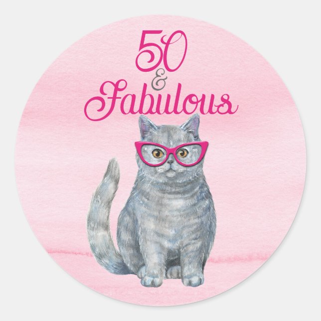 Sticker Rond 50 & Fabulous Chat, rose et gris, 50e anniversaire (Devant)