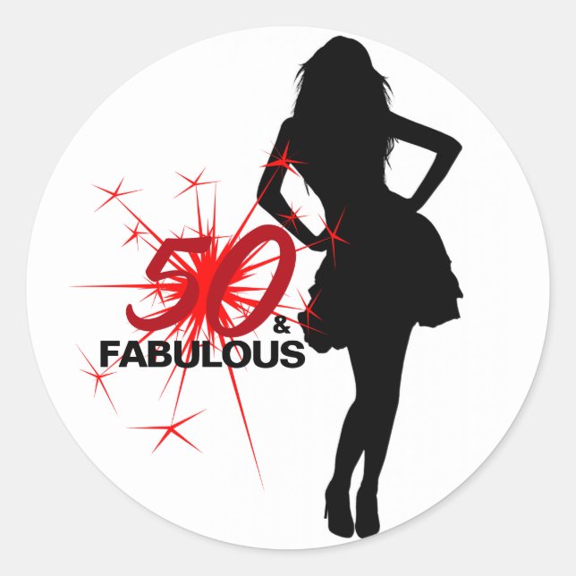Sticker Rond 50 & FABULOUS Élégant 50e anniversaire Rouge & Noi (Devant)