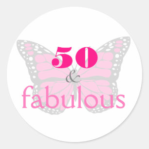 Sticker Rond 50 & Fabulous Pink 50e Anniversaire Papillon
