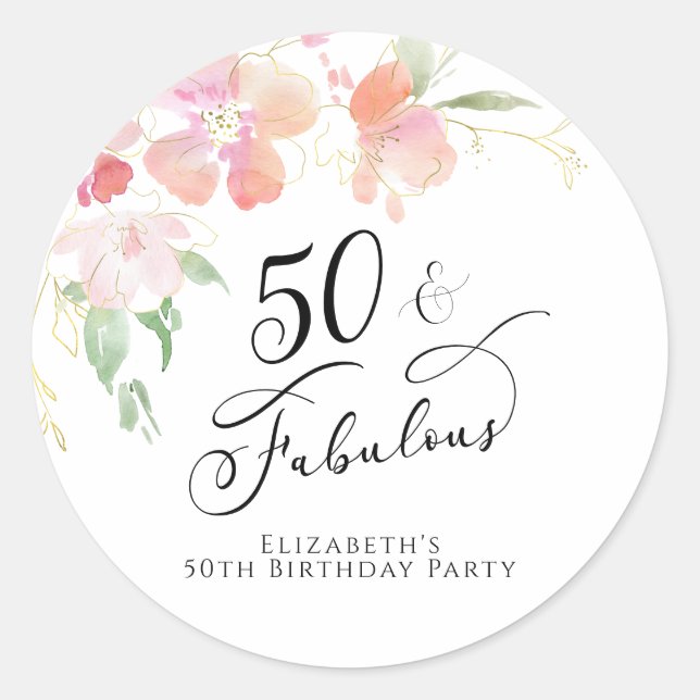 Sticker Rond 50e anniversaire Aquarelle rose florale (Devant)