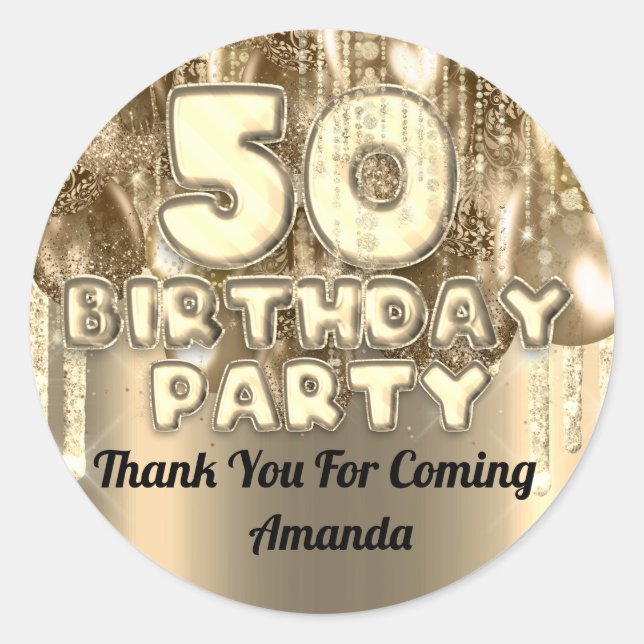 Sticker Rond 50e anniversaire BALLONS dorés Merci d'être venu (Devant)
