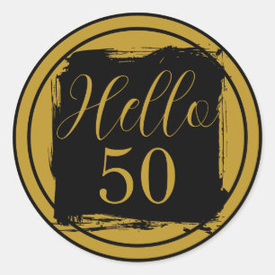 Sticker Rond 50e Anniversaire Bonjour 50 Noir Or