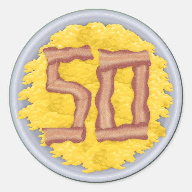 Sticker Rond 50e anniversaire de fête Mens Funny Bacon Oeufs (Devant)