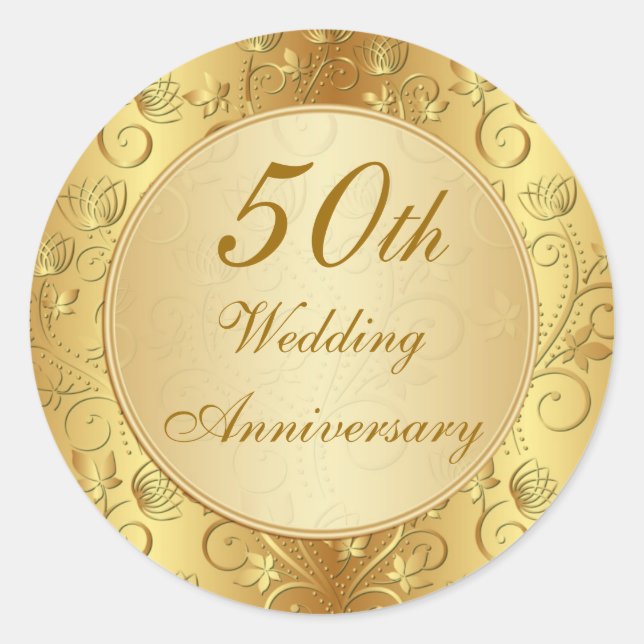 Sticker Rond 50e anniversaire de Mariage à fleurs dorées (Devant)