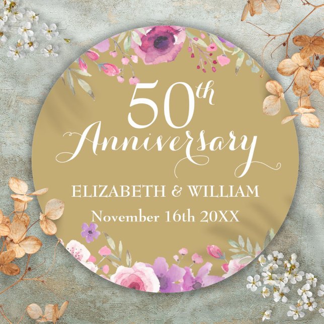 Sticker Rond 50e anniversaire de Mariage d'or Roses d'aquarelle (50th Golden Wedding Anniversary Watercolor Roses Classic Round Sticker)