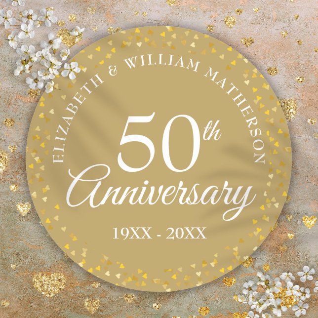 Sticker Rond 50e anniversaire du Mariage Coeurs d'amour dorés (50th Wedding Anniversary Golden Love Hearts Classic Round Sticker)