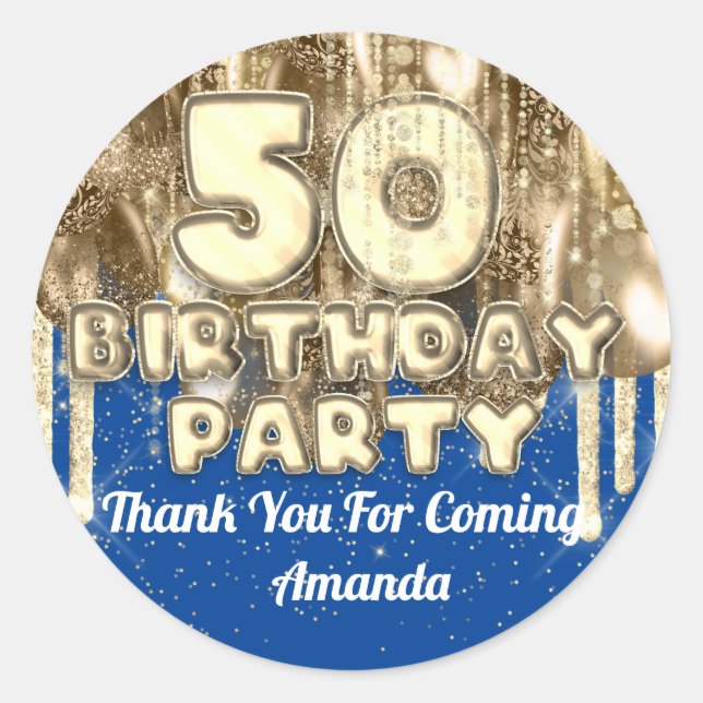 Sticker Rond 50e anniversaire Gold BALLONS Merci pour bleu (Devant)