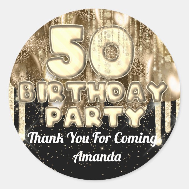 Sticker Rond 50e anniversaire Gold BALLONS Merci pour le nom (Devant)