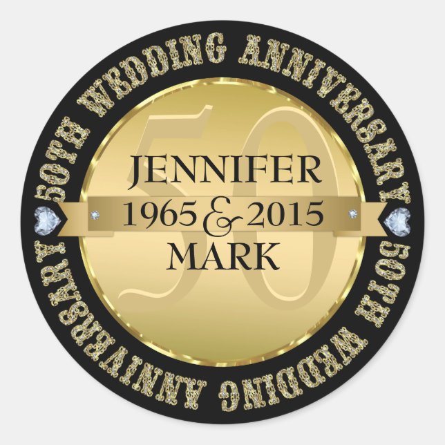 Sticker Rond 50E Anniversaire Mariage Métallic Or & Noir 2 (Devant)