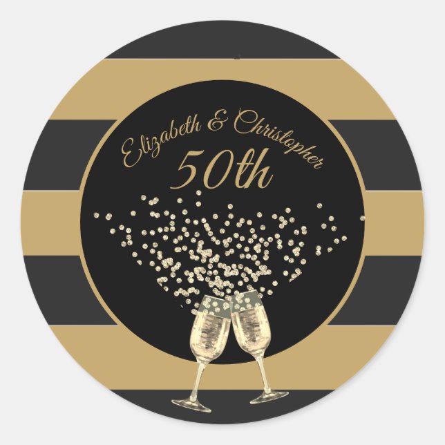 Sticker Rond 50e anniversaire Mariage or noir bande élégante (Devant)