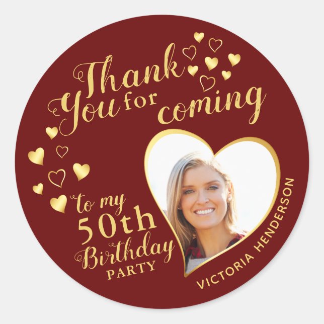 Sticker Rond 50e anniversaire Merci pour venir Maroon Favor (Devant)