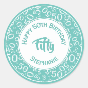 Sticker Rond 50e anniversaire Numéro 50 Motif Turquoise et blan