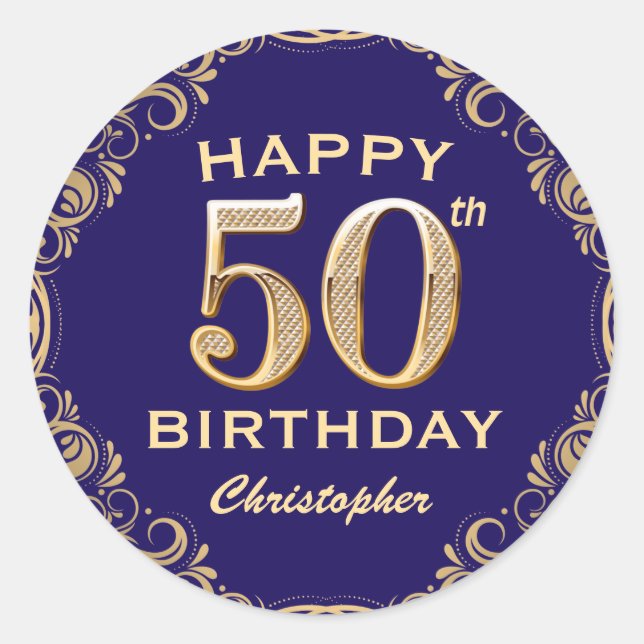 Sticker Rond 50e anniversaire Parties scintillant marine bleu e (Devant)
