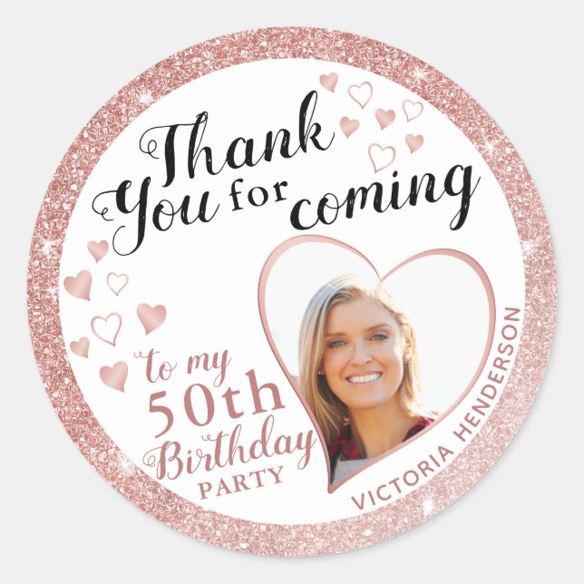 Sticker Rond 50e anniversaire Rose Merci Parties scintillant or (Devant)
