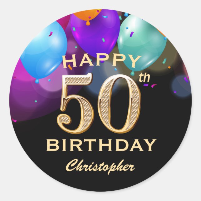 Sticker Rond 50e fête d'anniversaire Ballons noirs et or (Devant)