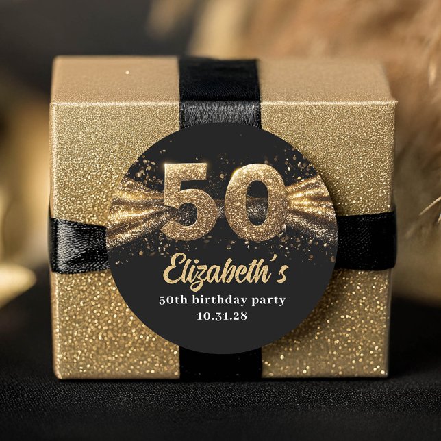 Sticker Rond 50e fête d'anniversaire moderne Noir et Or (50th Birthday Stickers)