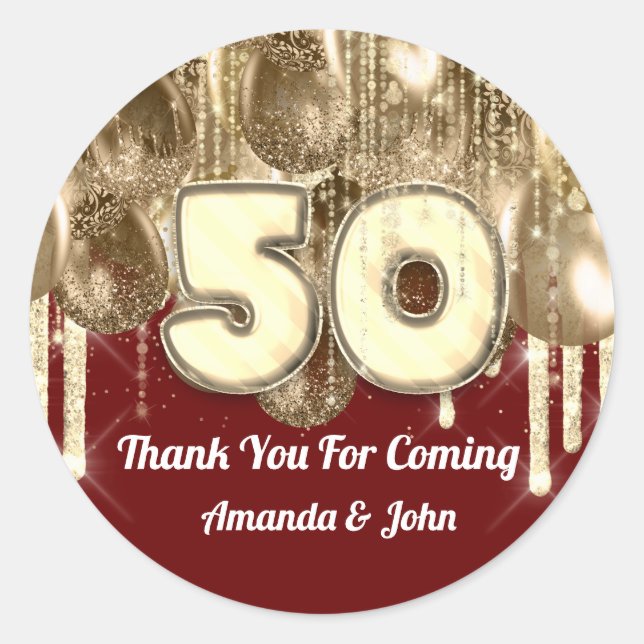 Sticker Rond 50e GOLD BALLONS Bourgogne Merci pour venir (Devant)