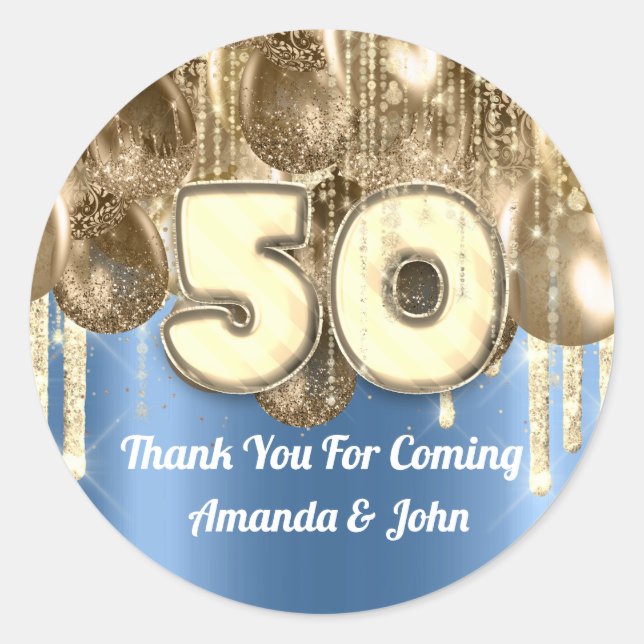 Sticker Rond 50e Merci GOLD Blue BALLONS pour venir (Devant)