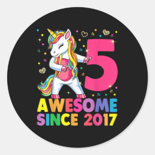 Sticker Rond 5 Ans Unicorne Flossant 5e Anniversaire Girl Uni