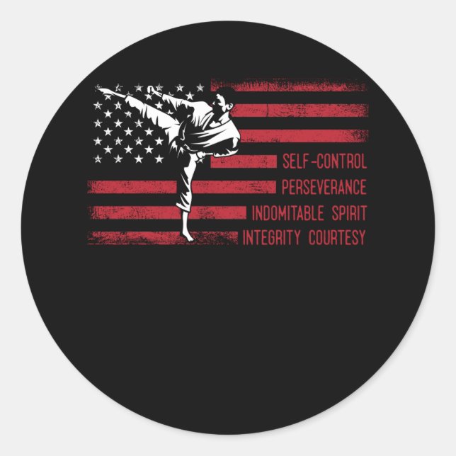 Sticker Rond 5 Tenets American Taekwondo Combattre (Devant)