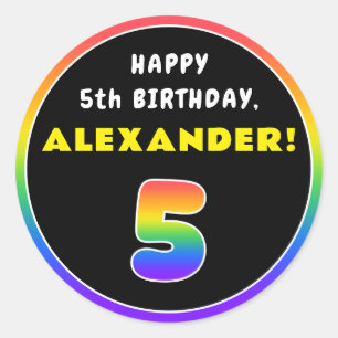 Sticker Rond 5e anniversaire : Arc-en-ciel coloré # 5, Nom pers