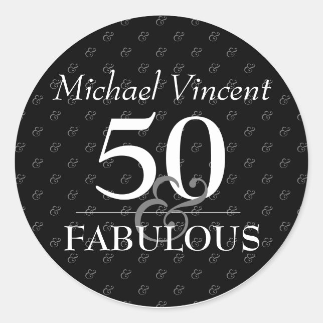 Sticker Rond 5O et Fabulous noir et blanc moderne Anniversaire (Devant)